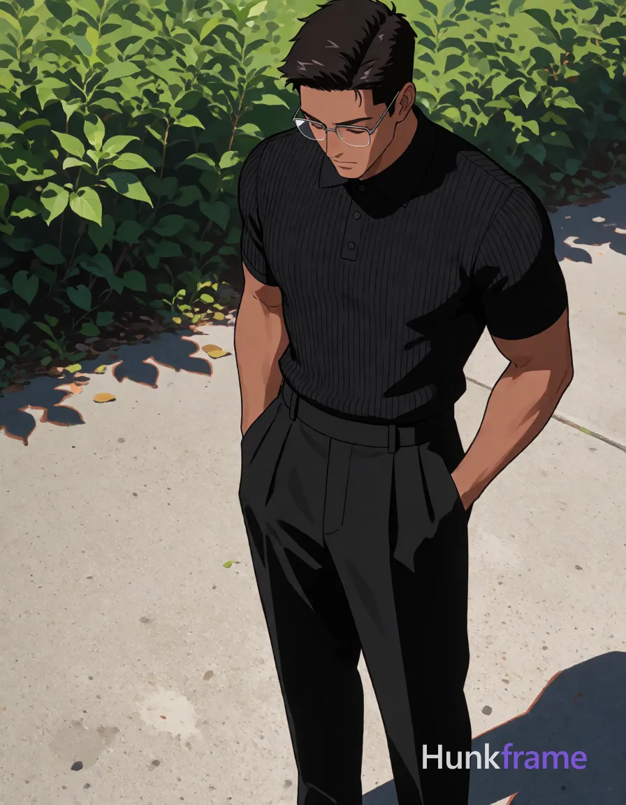 Polished anime style adult man with medium-dark skin and short dark hair featuring a visible left parting, wearing thin metal frame rectangular glasses worn on face; He stands upright on concrete looking downward at the ground in a contemplative pose, hands deep inside front pockets of high-waisted black pleated trousers revealing thick thighs; Black ribbed polo shirt covers torso with collar buttoned to neck; short sleeves end mid-bicep showing defined biceps and forearms; Broad shoulders frame the silhouette against green foliage under bright sunlight casting sharp shadows from above-left; High-contrast lighting sculpts physique in a 2.5D next-gen game art aesthetic, full-body shot center-right composition; The adult man visibly wears thin metal frame glasses worn on face, rectangular shape with minimal rim thickness, clear lenses on his face; preserve the exact frame shape, rim style, color, material, and lens tint, same aesthetic theme and photo feel as the reference but a different man in a different pose with distinct body proportions, Mexican man, bronze skin, strong jaw, thick; single clean uninterrupted artwork with a cohesive composition and plain continuous surrounding surfaces