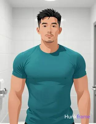 Bold flat-color poster design of an Asian man with short black textured hair and stubble beard stand