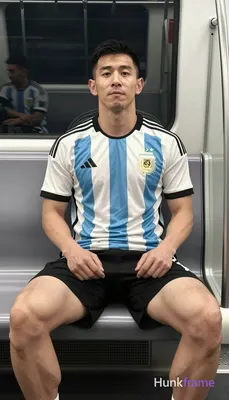 An Asian man with short dark hair sits upright on a subway seat, torso relaxed a