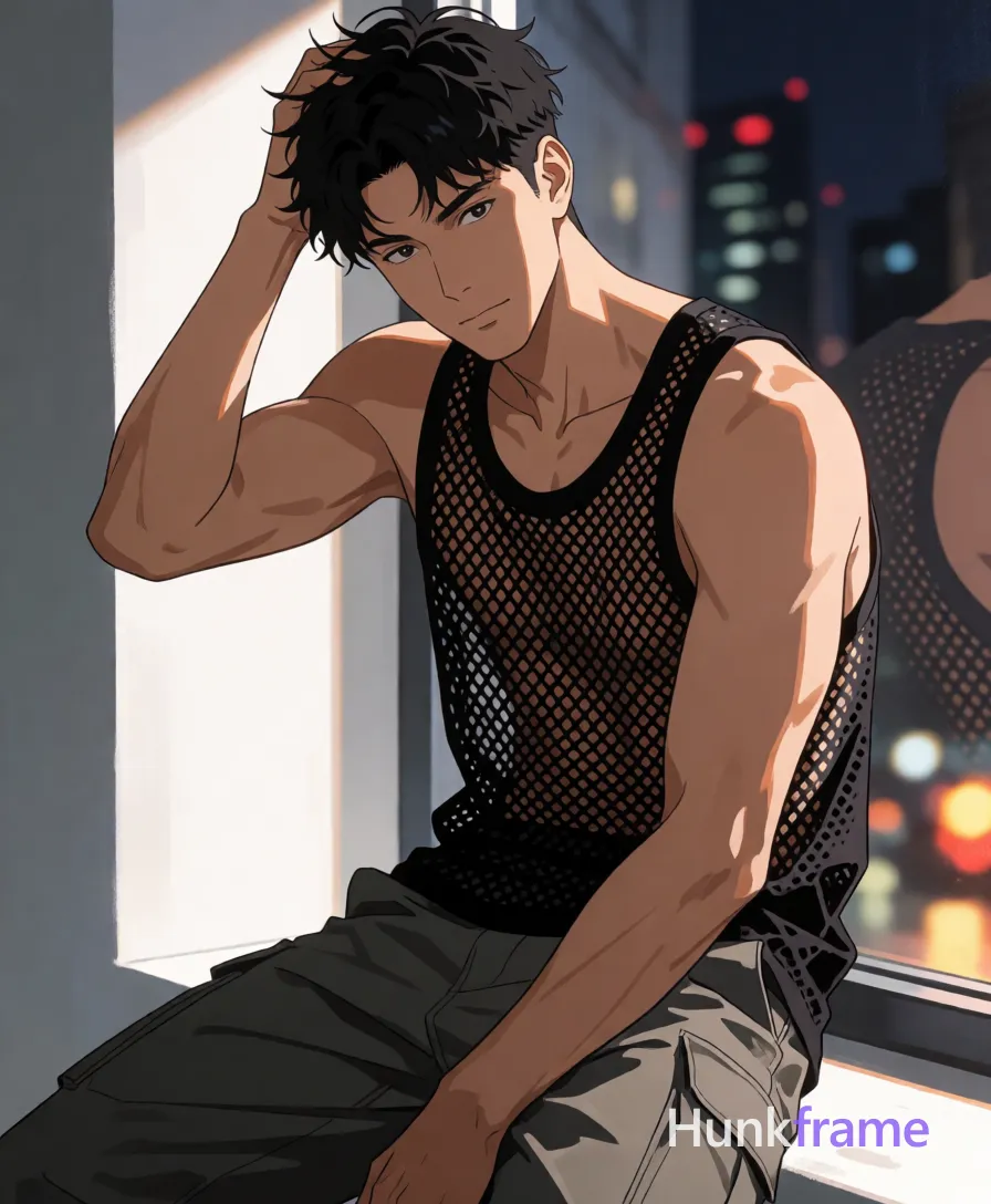 Anime illustration of exactly 1 adult man. Man 1: Asian, light to medium with warm undertones and visible sheen from lighting, oval, black, short textured crop cut above ears, slightly tousled at crown. Man 1 has fully exposed eyes, eyebrows, temples and nose bridge. Broad shoulders, defined pectorals contrast with thick thighs under grey cargo trousers. Seated on edge near window, right hand in tousled black hair while left arm extends down. Shirtless adult wearing black fishnet mesh tank top over bare chest, abdomen only. Vertical portrait crop centered horizontally with head at upper third against blurred city lights. Indoor urban night scene featuring white walls, large window, and dramatic directional lighting from right side. High contrast chiaroscuro highlights sculpted musculature while soft fill illuminates face evenly. Polished anime 2.5D next-gen game art with cinematic depth of field and warm skin sheen