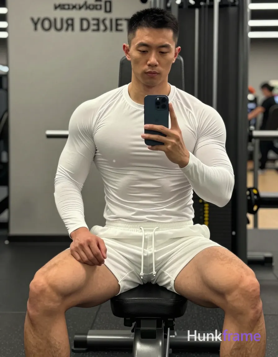 Asian adult man with short black buzz cut and clean-shaven face, neutral expression gazing directly into mirror reflection; Seated on gym bench facing forward in vertical portrait composition, legs spread wide apart with knees bent to prominently display thick quads and defined glutes; Shirtless torso covered by form-fitting white long-sleeve compression shirt clinging from neck to waistline; matching white athletic shorts ending mid-thigh showing drawstring waistband at front center; Holding dark blue smartphone vertically in right hand capturing reflection, left hand resting on left thigh near hip area with subtle tension; Background features gym equipment behind him on the right side and partial wall text 'YOUR DEST'; High-contrast lighting emphasizes sculpted musculature of abdomen including defined abs and obliques against industrial fluorescent glow; FULL TEXT REPLACEMENT: remove every original source word, sentence, slogan, logo, and partial spelling from the text-bearing area, then replace it with only the wordmark, spelled exactly "hunkframe" in the original compositional text position; This is replacement; Preserve appropriate typography and scale; No; single clean uninterrupted photograph with a cohesive editorial composition and plain continuous surrounding surfaces