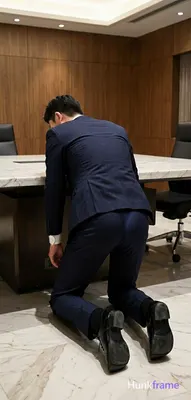 Asian man kneeling beside a large marble conference table in a modern high-end o