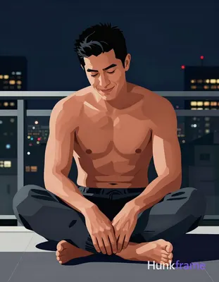 Bold flat-color wall art graphic of an Asian man with tanned skin and short blac