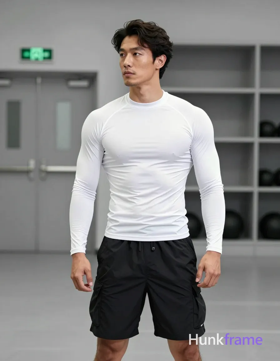Bold flat-color poster graphic design of an Asian adult man standing upright with slight torso rotation toward right in a gym environment; He wears white long-sleeve compression-style athletic top with mock neck and subtle textured panel across chest, black loose-fitting cargo shorts with visible side pockets and small white logo on left thigh showing thick thighs partially visible beneath fabric; Clean-shaven face with minor stubble shadow along jawline; neutral focused gaze directed off-camera to the left; Broad shoulders defined pectorals and abdominal musculature emphasized through high-contrast color blocking between white top and dark shorts; Background features gray shelving unit slightly blurred by shallow depth of field and double door with green exit sign above left corner, same aesthetic theme and photo feel as the reference but a different man in a different pose with distinct body proportions, Mediterranean Italian man, olive skin, wavy dark hair, lean surfer body; single clean uninterrupted photograph with a cohesive editorial composition and plain continuous surrounding surfaces