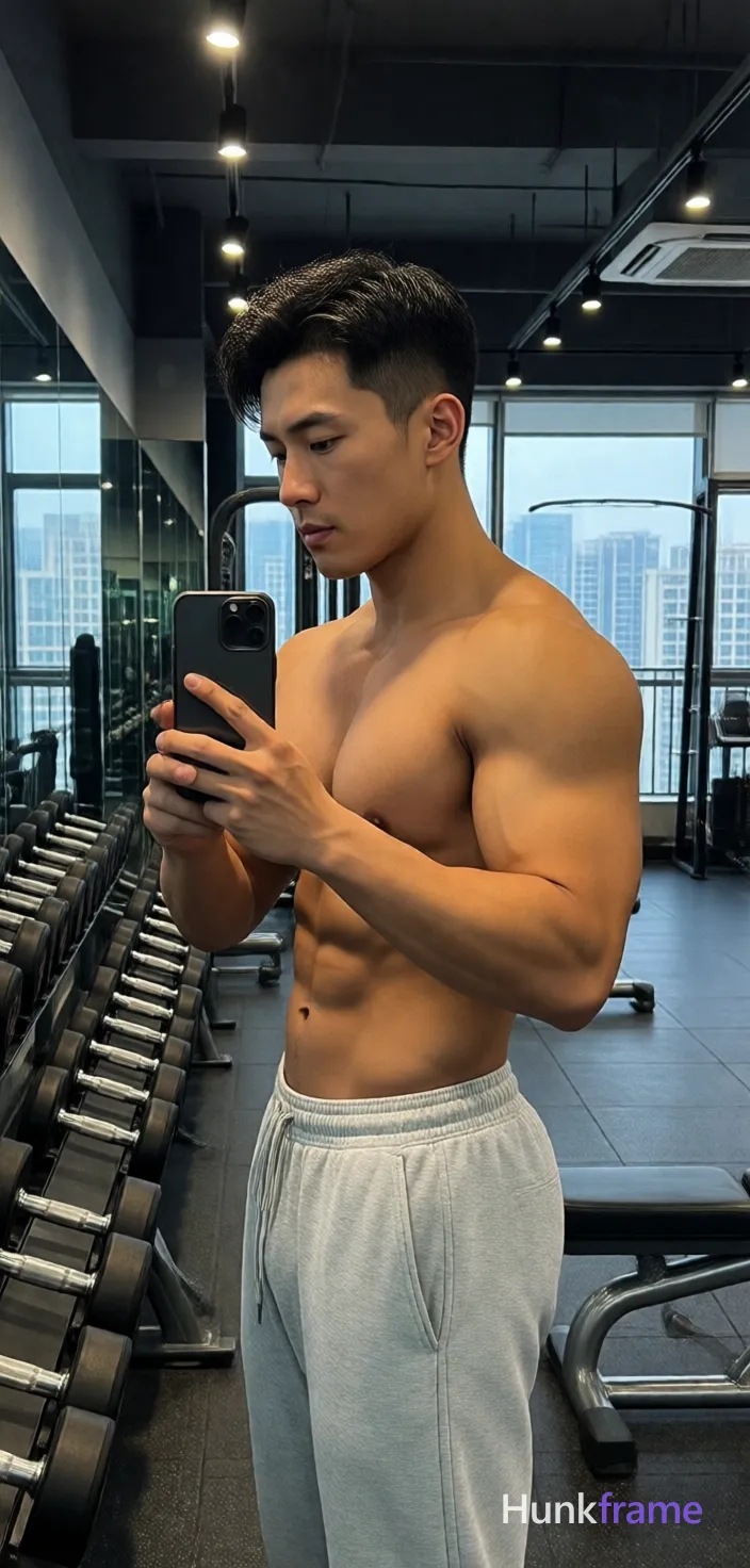 Asian man with light medium tan skin, short dark wavy hair tapered sides, clean shaven face neutral serious gaze at phone screen; Standing profile facing left holding black smartphone both hands against chest for gym mirror selfie reflection; Shirtless bare chest abdomen arms defined pectorals abdominal definition prominent biceps triceps thick thighs wearing light gray sweatpants elastic waistband drawstrings no socks shoes visible; Modern fitness center interior rows dumbbells racks mirrored walls reflecting equipment cityscape view outside windows overhead track lighting fixtures mounted ceiling beams creating even illumination subtle shadows accentuating musculature definition high-resolution smartphone photography naturalistic color grading vertical portrait orientation capturing subject from thighs up to top of head muscle bear aesthetic broad shoulders meaty chest rugged warm confidence premium masculine display dramatic lighting; single clean uninterrupted photograph with a cohesive editorial composition and plain continuous surrounding surfaces