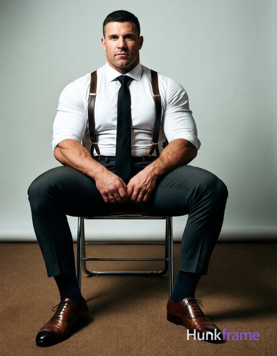A muscular adult man with light-medium skin and short black hair sits on a metal-framed chair, legs 