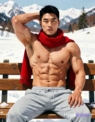 Asian man with short black hair and clean-shaven face seated on a wooden bench in an outdoor snowy m