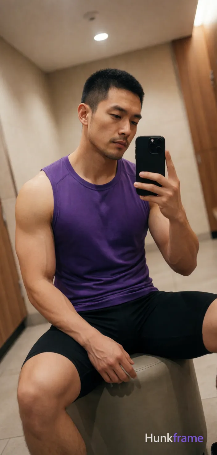 Asian man with short black buzz cut and light stubble sits on a cylindrical ottoman in a gym locker room, holding a black smartphone for a mirror selfie; He wears a tight purple sleeveless athletic tank top exposing his chest and abdomen, paired with mid-thigh black compression shorts showing thick thighs and muscular calves; The composition is vertical portrait 13:19, slightly tilted angle capturing the reflection in the mirror; Soft ambient indoor lighting from overhead fixtures illuminates light-medium skin tones against beige walls and wood paneling; Natural phone-camera aesthetic with confident casual mood; single clean uninterrupted photograph with a cohesive editorial composition and plain continuous surrounding surfaces