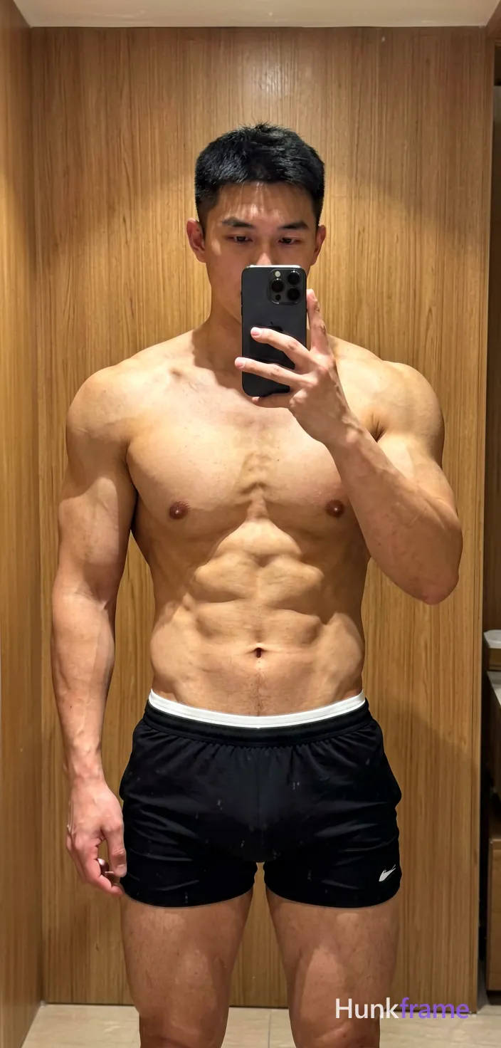 Asian muscular man with short black hair and clean-shaven face stands centered in a mirror selfie pose, holding dark smartphone right hand. Shirtless bare chest abdomen defined abs broad shoulders wearing black athletic shorts waistband visible white underwear waistband partially obscured. Indoor room light wood-paneled wall background warm indoor lighting neutral palette black white brown. Vertical portrait 13:19 aspect ratio full-body head to mid-thighs centered composition confident casual mood mirror selfie aesthetic social media post style., shot on iPhone 15 Pro main camera, authentic smartphone computational photography, natural Smart HDR and true-to-life skin texture, vertical 9:16 Xiaohongshu lifestyle feed, bright clean everyday scene, unretouched phone photo with subtle sensor grain, trendy Chinese internet 网红 aesthetic, candid influencer energy, phone held naturally in one hand for selfie, phone visible in frame, wearing underwear or swim trunks, covered genitals, no frontal nudity, a single uninterrupted photograph only, no written words or typography anywhere in frame, no captions, no app UI, no social-media post layout, no screenshot borders