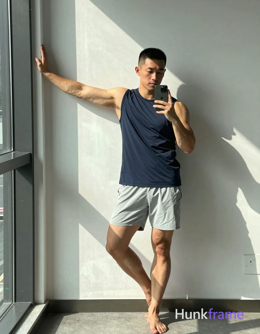 an anonymous figure adult man with short black buzz cut and clean-shaven face, neutral focused gaze at mirror reflection; Standing sideways holding dark smartphone in left hand for vertical selfie; right arm extended palm flat against wall beside tall window; Weight shifted on right leg while left foot slightly lifted off ground in relaxed stance; Wearing dark blue sleeveless tank top covering torso completely from neck to waistline with crew neckline; light gray loose athletic shorts ending mid-thigh showing side pockets; Full-body shot head to shoes with slight upward angle capturing entire figure within architectural space centered vertically; Strong directional sunlight streams through glass creating high-contrast chiaroscuro effect across sculpted musculature and wall planes; Deep shadow zones on left flank enhance three-dimensional form of thick quadriceps and calves, shot on iPhone 15 Pro main camera, authentic smartphone computational photography, natural Smart HDR, vertical 9:16 Xiaohongshu lifestyle post, bright clean gym or cafe scene, wardrobe matching reference outfit, confident everyday blogger pose, phone photo with natural grain; single clean uninterrupted photograph with a cohesive editorial composition and plain continuous surrounding surfaces