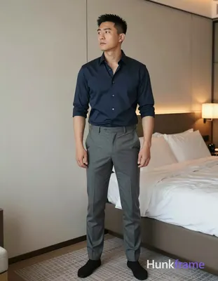 Asian man with medium-dark skin tone, short black hair styled up slightly defined eyebrows maintaini
