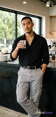 Asian man with medium-tan skin and a short black buzz cut, clean-shaven chin with light upper lip st