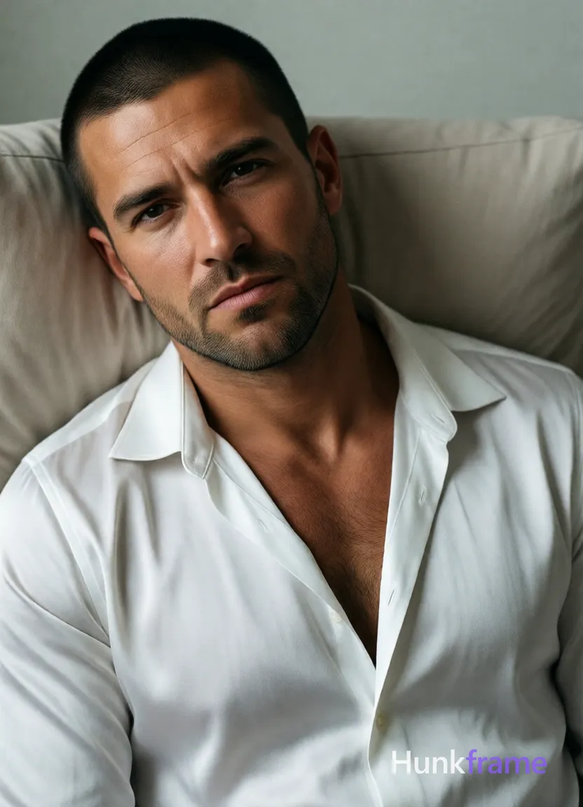 an anonymous figure man with light to medium tan skin texture and pores, short black buzz cut, light stubble on chin; head tilted slightly left against pillow shoulders relaxed; Wearing white satin button-down shirt with wide collar and deep V-neck exposing upper chest only; Soft directional lighting from front-left creates subtle shadows on right side of face; High-resolution skin detail, minimalist composition tight framing on expressive grimacing face and torso; XHS lifestyle photography style, same aesthetic theme and photo feel as the reference but a different man in a different pose with distinct body proportions, German man, fair skin, strong brow ridge, lean cyclist legs; single clean uninterrupted photograph with a cohesive editorial composition and plain continuous surrounding surfaces