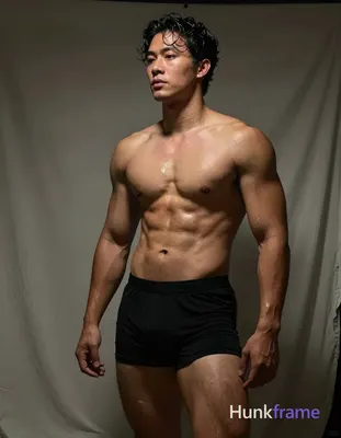Asian man with short dark black slightly wavy wet-looking hair parted left, clean-shaven face neutra