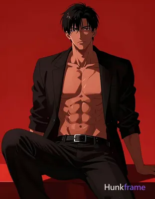Polished anime 2.5D next-gen game art of an adult man, seated with right leg ben