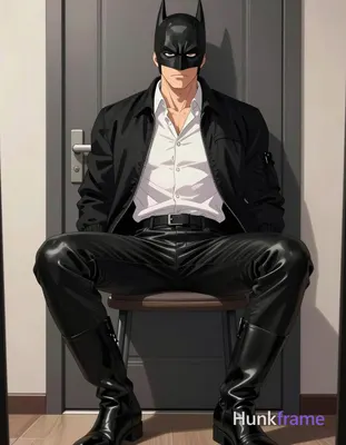 Polished anime 2.5D render of an adult man seated on a stool against a plain wall with a dark gray p