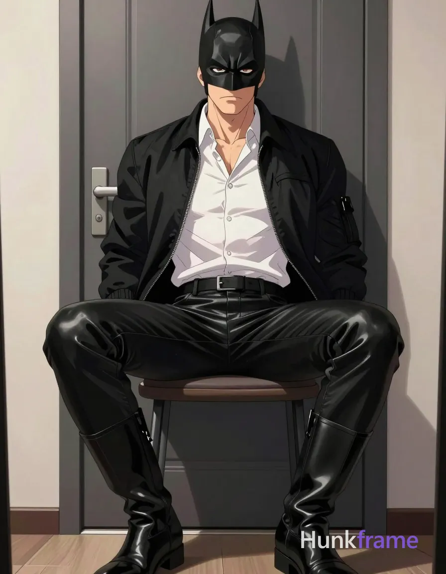 Polished anime 2.5D render of an adult man seated on a stool against a plain wall with a dark gray paneled door, legs spread apart with knees bent and feet planted. He wears a black leather Batman-style cowl mask covering eyes, white collared dress shirt worn open under a black bomber jacket (sleeves pushed up to elbows), shiny black faux-leather pants extending to mid-calf, paired with matching tall glossy boots. Neck and upper chest visible beneath the open collar; no bare skin beyond that area. Thick thighs and broad shoulders define his physique. Soft frontal fill from phone flash creates subtle shadows behind him on the door. Slightly tilted camera angle captures a confident mirror selfie composition in cool lighting., a single uninterrupted photograph only, no written words or typography anywhere in frame, no captions, no app UI, no social-media post layout, no screenshot borders