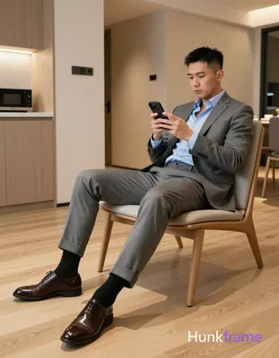Full body shot of an adult man reclining on a modern lounge chair, right side of