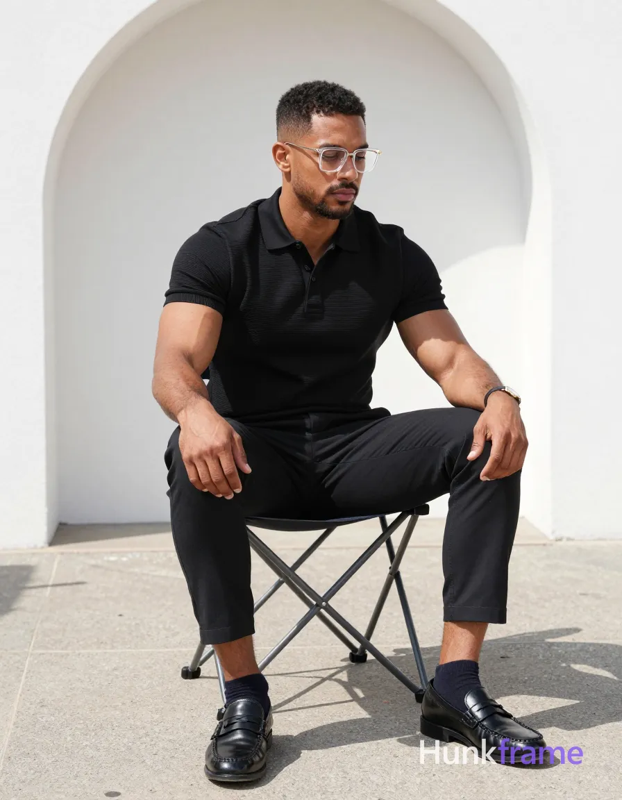 A handsome medium-dark skinned man with short textured dark hair and visible sideburns sits on a folding chair outdoors; He wears clear-framed rectangular glasses, a black ribbed polo shirt, slim-fit trousers, mid-calf crew socks, and low-heel leather loafers; His broad shoulders and defined pectorals are sculpted by bright natural sunlight casting sharp shadows on the gray pavement beside an arched white building; Hands rest calmly on thighs; gaze is neutral and contemplative looking downward in a full-body vertical portrait; The adult man visibly wears clear-framed glasses with thin metal rims, rectangular shape; preserve the exact frame shape, rim style, color, material, and lens tint; single clean uninterrupted photograph with a cohesive editorial composition and plain continuous surrounding surfaces