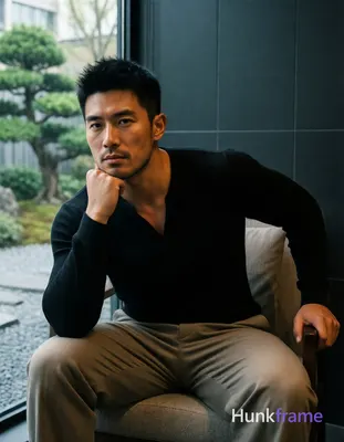 Photograph of exactly 1 adult man. Man 1: East Asian, medium tan with warm under
