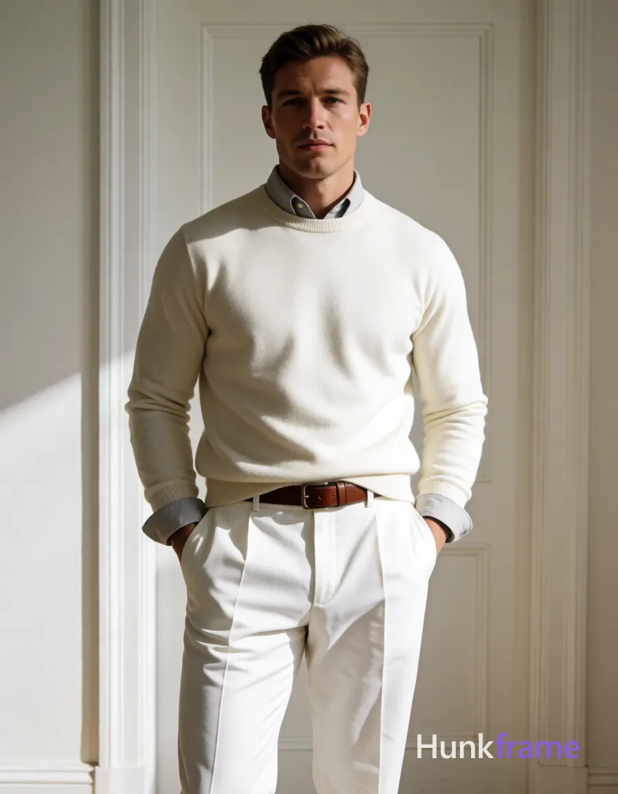 Heavily muscular adult man with substantial muscle mass, wide shoulders, thick neck, large chest and arms, powerful thighs, and dense bodybuilding proportions; A handsome Korean man with fair to light tan skin and sun-kissed highlights stands upright in a relaxed pose, hands inserted into front pockets of white tailored trousers; He wears an off-white or cream-colored fine-knit crewneck sweater covering his torso completely, collar slightly turned down revealing inner layer, light gray collared shirt underneath with visible cuffs peeking out from sleeves and neckline, secured by brown leather belt with rectangular buckle; Full-body shot from mid-thigh up to top of head centered horizontally in an indoor studio environment featuring white paneled door background; Strong directional natural light creates high-contrast chiaroscuro effect defining anatomy through shadow play on sweater and pants against plain off-white wall, same aesthetic theme and photo feel as the reference but a different man in a different pose with distinct body proportions, German man, fair skin, strong brow ridge, heavily muscular cyclist legs; single clean uninterrupted photograph with a cohesive editorial composition and plain continuous surrounding surfaces