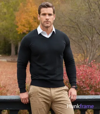 a handsome masculine man standing straight with his head slightly tilted forward