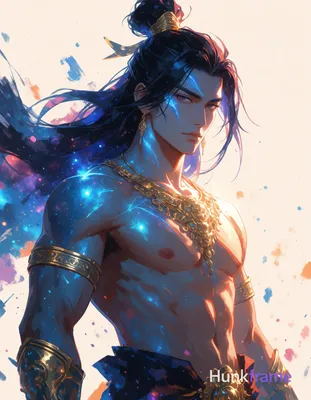 Asian man with blue-tinted cosmic skin and glowing highlights, long dark hair in