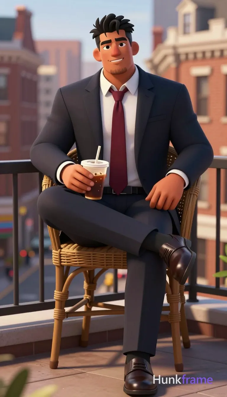 an anonymous figure man in his 30s with light to medium tan skin, black thick hair styled back and slightly tousled, clean-shaven face with light stubble along jawline; He wears a dark navy tailored suit jacket over a white dress shirt collar, maroon silk tie knotted at neck, fully clothed adult torso state; Seated on woven cane chair with crossed legs right over left, right hand resting on thigh, left hand holding iced coffee cup near lap in polished anime style; Full-body shot from head to shoes centered on balcony ledge overlooking city street below; Golden hour sunlight casting warm highlights on face and suit, shallow depth of field blurring historic brick buildings background; High-fashion editorial photography quality translated into next-gen 3D game art rendering with expressive face and athletic anatomy, same aesthetic theme and photo feel as the reference but a different man in a different pose with distinct body proportions, Pacific Islander man, sun-kissed skin, stocky powerful legs, short curly hair; single clean uninterrupted artwork with a cohesive composition and plain continuous surrounding surfaces