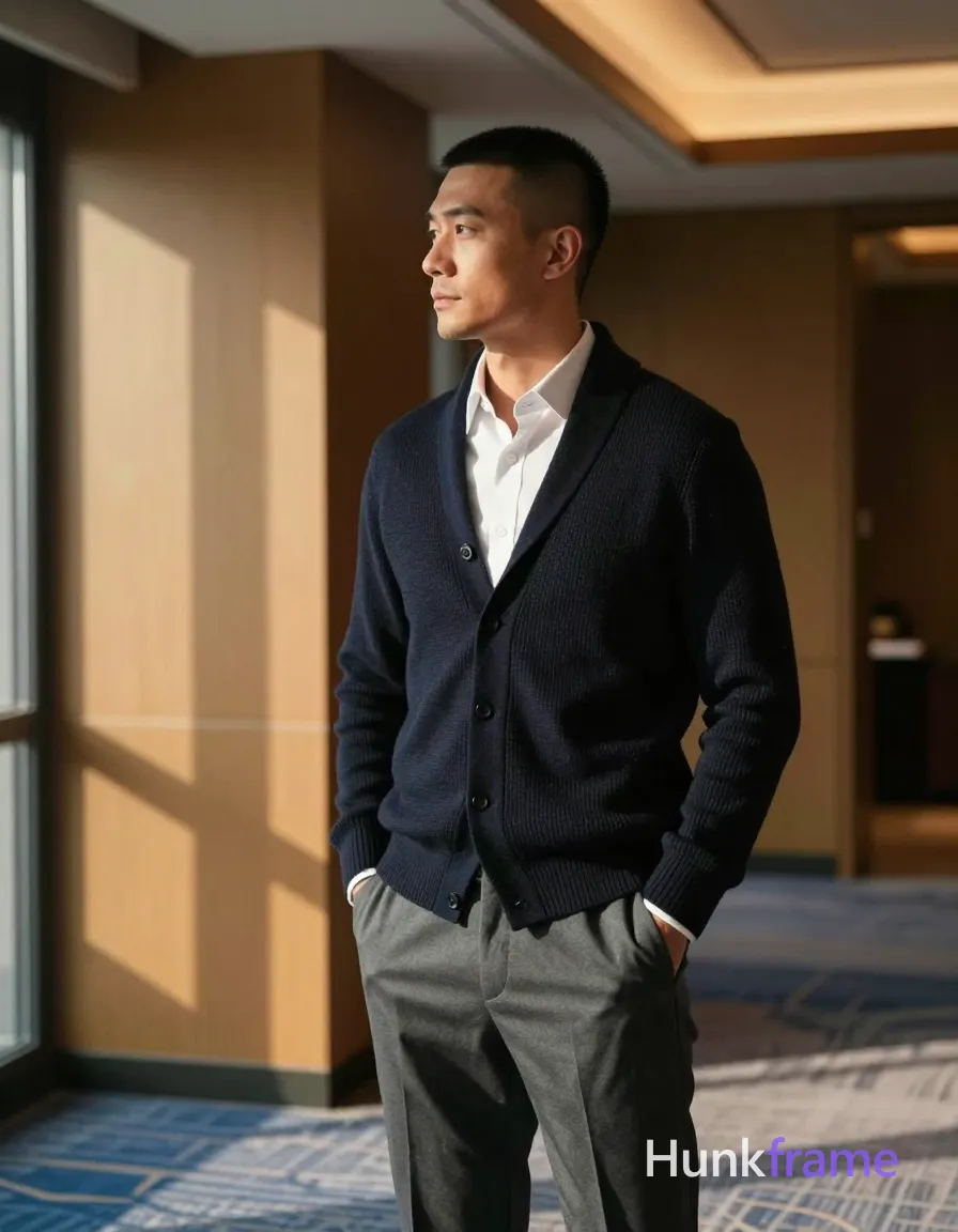 Photograph of exactly 1 adult man. Man 1: East Asian, light to medium tan with warm undertones, square jawline, defined cheekbones, straight nose bridge, buzz cut, very short sides and back, slightly longer on top (1-2cm), dark brown/black color, matte texture, clean-shaven chin and upper lip, light stubble on jawline only. Man 1 has fully exposed eyes, eyebrows, temples and nose bridge. Athletic East Asian man with slim build, defined jawline stands in full profile facing left. Standing casually with hands placed inside charcoal grey trouser pockets while gazing toward window light. Dark navy ribbed knit cardigan worn open over crisp white collared dress shirt with undone top button. Full-body vertical portrait shot from floor to ceiling capturing head near ceiling line in center-right frame. Modern interior space featuring wood-paneled walls, blue patterned carpeting, and ambient warm overhead lighting. Strong natural side-lighting from left creates high-contrast shadow play with geometric shadows on wall. Fine-art photography with cinematic lighting emphasizing silhouette texture contrast between knitwear tailored trousers