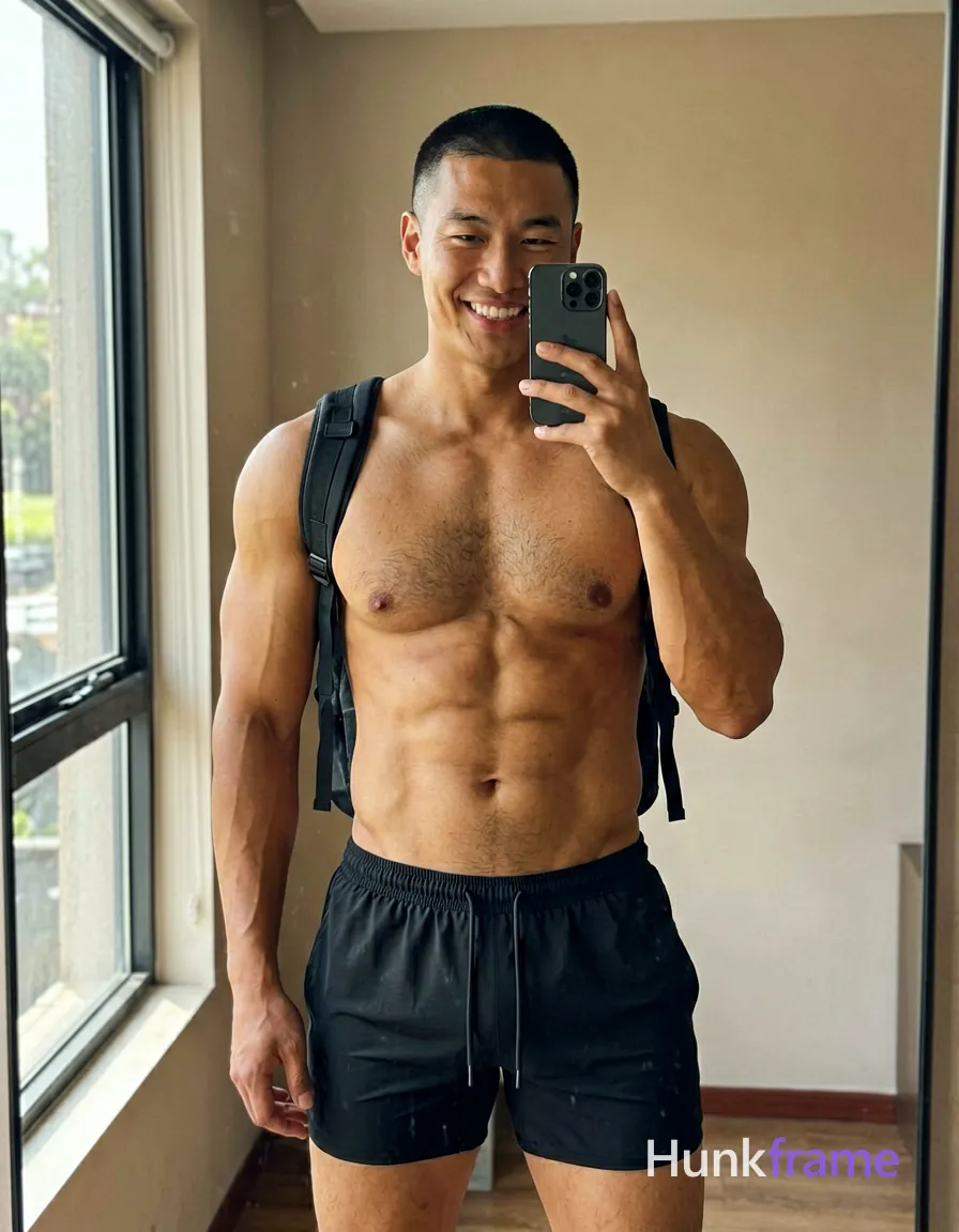 Asian man with short buzz cut black hair and high forehead standing facing mirror, smiling broadly showing upper teeth; Shirtless athletic build with defined pectorals visible six-pack abs toned arms left arm relaxed at side right hand holding dark smartphone triple-lens camera module in front of face taking mirror selfie reflection; Wearing black drawstring athletic shorts mid-thigh length black backpack straps over bare shoulders entire chest abdomen and shoulders exposed; Indoor room setting large mirror window view outside natural daylight from left-side window neutral-toned walls slightly tilted angle portrait centered full torso visible waist up to head confident casual mood clean negative space vertical phone wallpaper composition, same aesthetic theme and photo feel as the reference but a different man in a different pose with distinct body proportions, Turkish man, olive skin, aquiline nose, lean hairy chest editorial look; securely fitted underwear or swim trunks with complete frontal coverage; single clean uninterrupted photograph with a cohesive editorial composition and plain continuous surrounding surfaces