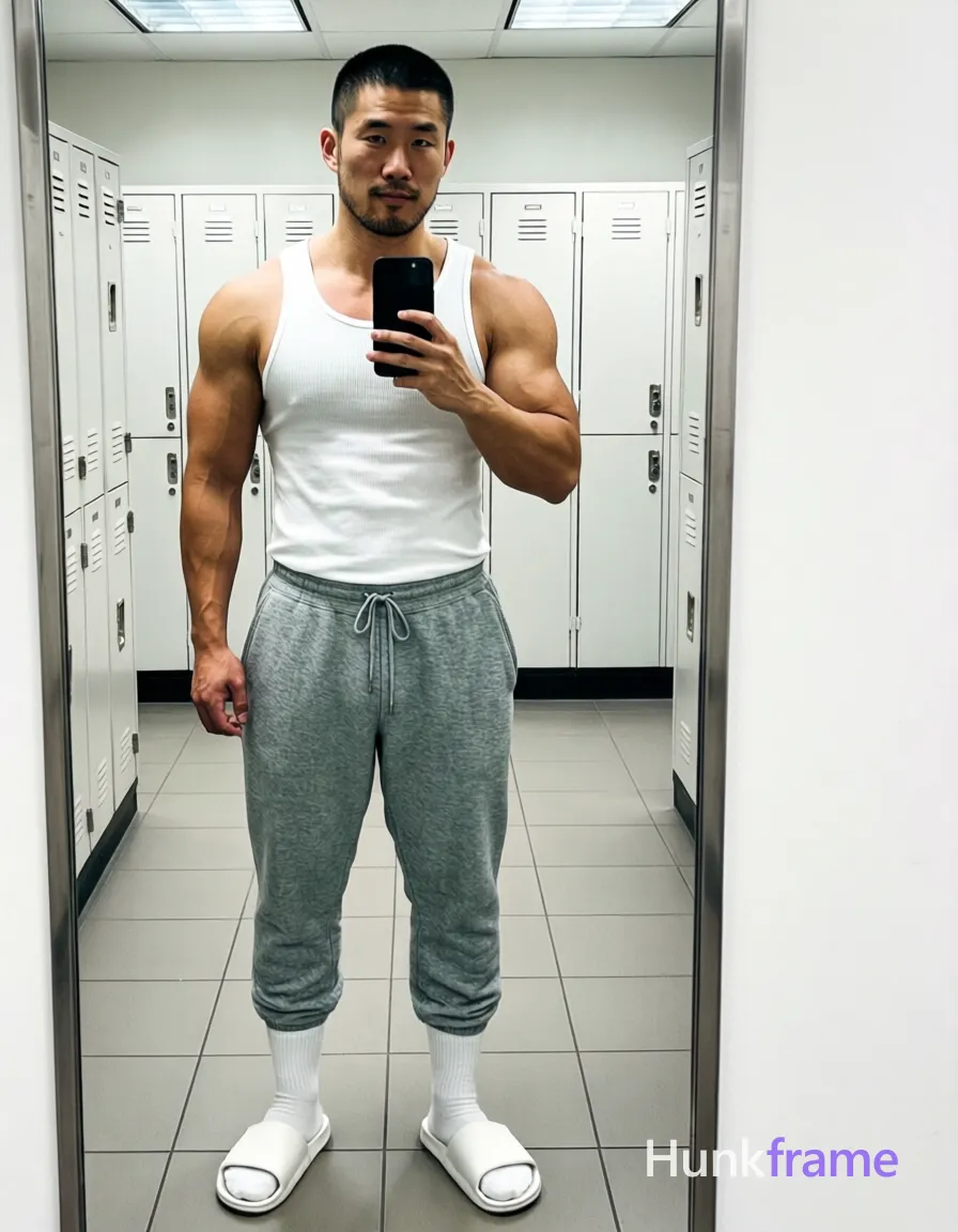 Asian man with short black buzz cut and light stubble stands full-body in front of a large mirror, facing forward with slight torso rotation left; He wears a white ribbed cotton sleeveless tank top exposing broad shoulders, defined pectorals, vascular arms, and neck; grey heathered sweatpants with drawstring sit at the waist over thick thighs clad in white crew socks pulled to mid-calf and white slide sandals; Right arm bent holding black smartphone vertically against chin taking a mirror selfie while left arm relaxes by side; Indoor locker room setting with white lockers and tiled floor under overhead fluorescent lights creating even illumination and soft shadows; High contrast between skin tones and clothing, minimalist composition centered on physique within the reflection; single clean uninterrupted photograph with a cohesive editorial composition and plain continuous surrounding surfaces