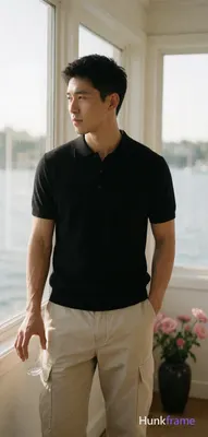 Asian man standing casually in a sunlit room with large windows overlooking water, lean build with s