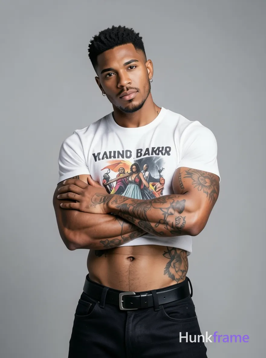 A handsome masculine man standing confidently with his arms crossed over his chest, torso slightly leaned forward, emphasizing his muscular physique. He wears a white graphic t-shirt with text on the front and dark jeans secured by a belt. His midsection and abs are bare, revealing tattoos on both arms and one on his lower abdomen. The setting is a studio environment with soft lighting that highlights the subject's features without harsh shadows. The mood conveys confidence and strength, fitting well within masculine fine-art aesthetics. The composition focuses on showcasing his athletic build and tattoos in an artistic manner