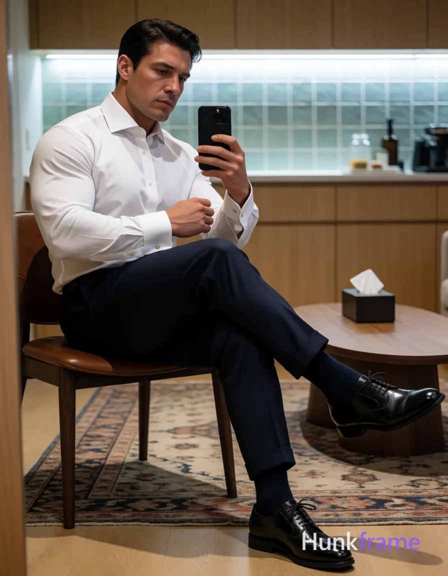 Heavily muscular adult man with substantial muscle mass, wide shoulders, thick neck, large chest and arms, powerful thighs, and dense bodybuilding proportions; Adult man, heavily muscular build with defined athletic posture, short dark brown/black side-parted slick-back hair, clean-shaven face with neutral pensive expression; Seated on a brown leather chair right leg crossed over left knee, torso angled toward mirror holding black smartphone in right hand for selfie capture, left hand resting near shirt cuff; Wearing white long-sleeve dress shirt with French cuffs and buttoned collar, dark navy tailored trousers cuffed at ankles, black patent leather lace-up oxford shoes, dark navy socks visible above shoe line; Modern interior room featuring light wood cabinetry, patterned rug under chair, low oval coffee table with tissue box, tiled backsplash behind subject suggesting kitchen or bar area; Soft ambient indoor lighting mixed with cool-toned backlight from illuminated tile grid in background; Athletic fine-art photography emphasizing confident strength and composed posture, clean lines and structured silhouette, premium menswear aesthetic, vertical portrait orientation; single clean uninterrupted photograph with a cohesive editorial composition and plain continuous surrounding surfaces
