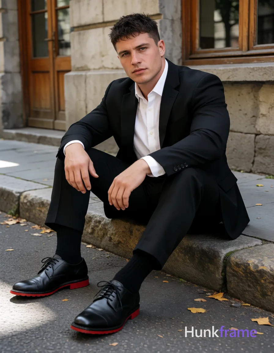 Heavily muscular adult man with substantial muscle mass, wide shoulders, thick neck, large chest and arms, powerful thighs, and dense bodybuilding proportions; an anonymous figure man with fair to light tan skin texture and minor blemishes, short textured dark brown crop top hair slightly spiky front clean sides, neutral composed expression direct gaze slight head tilt; Seated on stone curb left leg extended foot flat asphalt right knee bent weight shifted right hip torso angled toward camera fully clothed black tailored suit jacket open over white button-down shirt top two buttons undone exposing neck collarbone no chest exposure matching black dress trousers with clean creases black crew-neck socks pulled up mid-calf black leather lace-up oxford shoes distinctive red rubber soles visible; Outdoor urban daylight overhead-left soft shadows weathered gray stone building facade wooden-framed windows asphalt scattered dry leaves high-fashion editorial aesthetic professional color grading natural contrast full-body shot vertical portrait 13:19; single clean uninterrupted photograph with a cohesive editorial composition and plain continuous surrounding surfaces