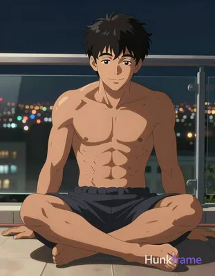 Polished anime style illustration of an Asian man with tanned skin and short bla