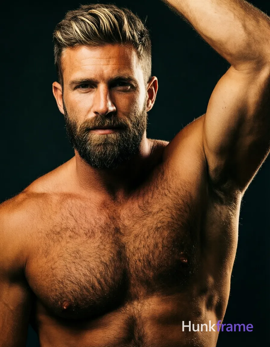 Caucasian man with tanned skin and short styled brown hair featuring blonde highlights, full beard and mustache. Standing shirtless with defined pectorals, thick chest hair, broad shoulders, and a torso angled slightly left while the right arm is raised above head out of frame. Centered vertical portrait crop from upper chest to mid-chest hairline against a dark studio background. Dramatic side lighting creates high contrast between warm skin tones and deep shadows. Fine-art photography with an intense masculine editorial aesthetic., a single uninterrupted photograph only, no written words or typography anywhere in frame, no captions, no app UI, no social-media post layout, no screenshot borders