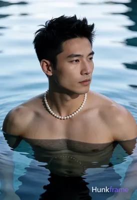 Asian man with tanned skin and short dark black hair styled upward, textured wet