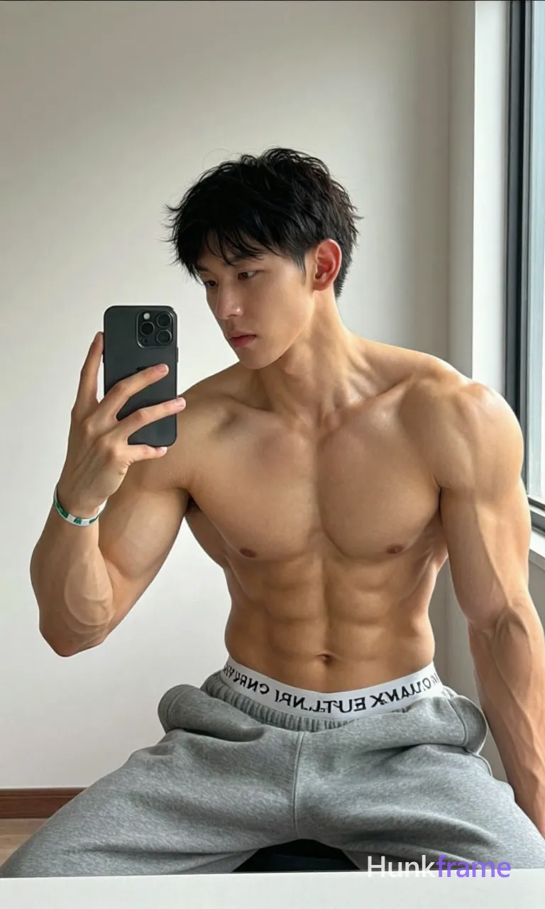 Asian adult man with short dark black hair and clean-shaven face, shirtless upper body showing highly muscular pectorals and vascularity; He sits at a desk leaning forward slightly Wearing grey an anonymous figure sweatpants with white waistband text visible in reflection; Indoor room with light-colored walls and window on right providing natural daylight casting soft shadows; Vertical portrait composition occupying right two-thirds, head positioned left-center looking toward camera via phone screen reflection, shot on iPhone 15 Pro main camera, authentic smartphone computational photography, natural Smart HDR and true-to-life skin texture, vertical 9:16 Xiaohongshu lifestyle feed, bright clean everyday scene, unretouched phone photo with subtle sensor grain, trendy Chinese internet 网红 aesthetic, candid influencer energy, phone held naturally in one hand for selfie, phone visible in frame; single clean uninterrupted photograph with a cohesive editorial composition and plain continuous surrounding surfaces