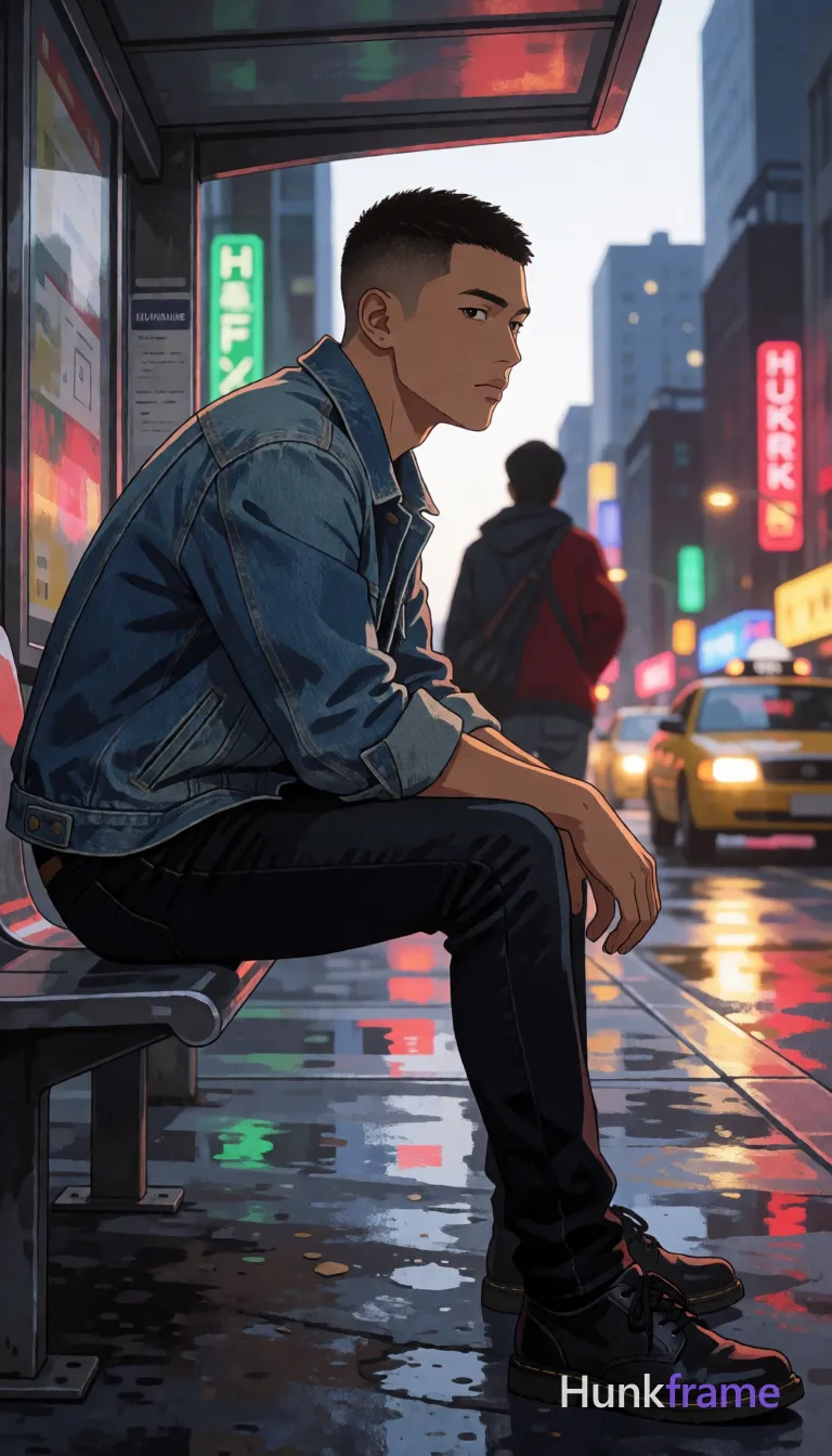 Asian man with short buzz cut, dark brown/black textured top and faded sides, clean-shaven face, neutral contemplative gaze rightward; Seated in profile facing right on a metal bench at bus stop under sheltered structure; Wearing blue denim jacket with rolled-up sleeves showing visible stitching, dark slim-fit jeans, black lace-up shoes; Vertical portrait 13:19 aspect ratio; Polished anime / 2.5D next-gen game art style with expressive face and athletic anatomy; Dramatic lighting typical of fashion editorial work, high contrast silhouette against vibrant city reflections on wet pavement; Cool blues and greys accented by warm neon reds, greens, yellows from an anonymous figure and taxi lights reflecting in puddles; FULL TEXT REPLACEMENT: remove every original source word, sentence, slogan, logo, and partial spelling from the text-bearing area, then replace it with only the wordmark, spelled exactly "HUNKFRAME" on the sign in the composition; This is replacement; Preserve appropriate typography and scale, logo, caption, username, hashtag, comment, watermark, or UI chrome; single clean uninterrupted artwork with a cohesive composition and plain continuous surrounding surfaces