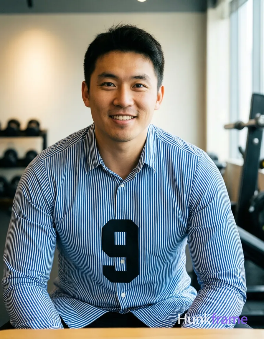Photoreal photograph of an Asian man seated with a torso-only crop. He is wearing a blue and white striped shirt with the number 9 in black on the front. The image has a vertical portrait orientation, 959:1280 aspect ratio, sharp focus, and natural indoor sports lighting against a neutral background. No other men are present., shot on iPhone 15 Pro main camera, authentic smartphone computational photography, natural Smart HDR, vertical 9:16 Xiaohongshu lifestyle post, bright clean gym or cafe scene, wardrobe matching reference outfit, confident everyday blogger pose, phone photo with natural grain