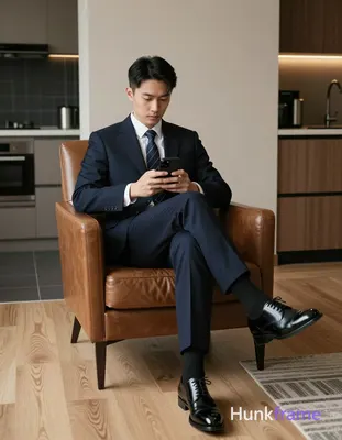 Asian man with short black straight hair, neat side part, clean-shaven face, foc