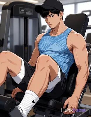Asian man with short black straight hair and clean-shaven face, seated on gym leg press equipment in