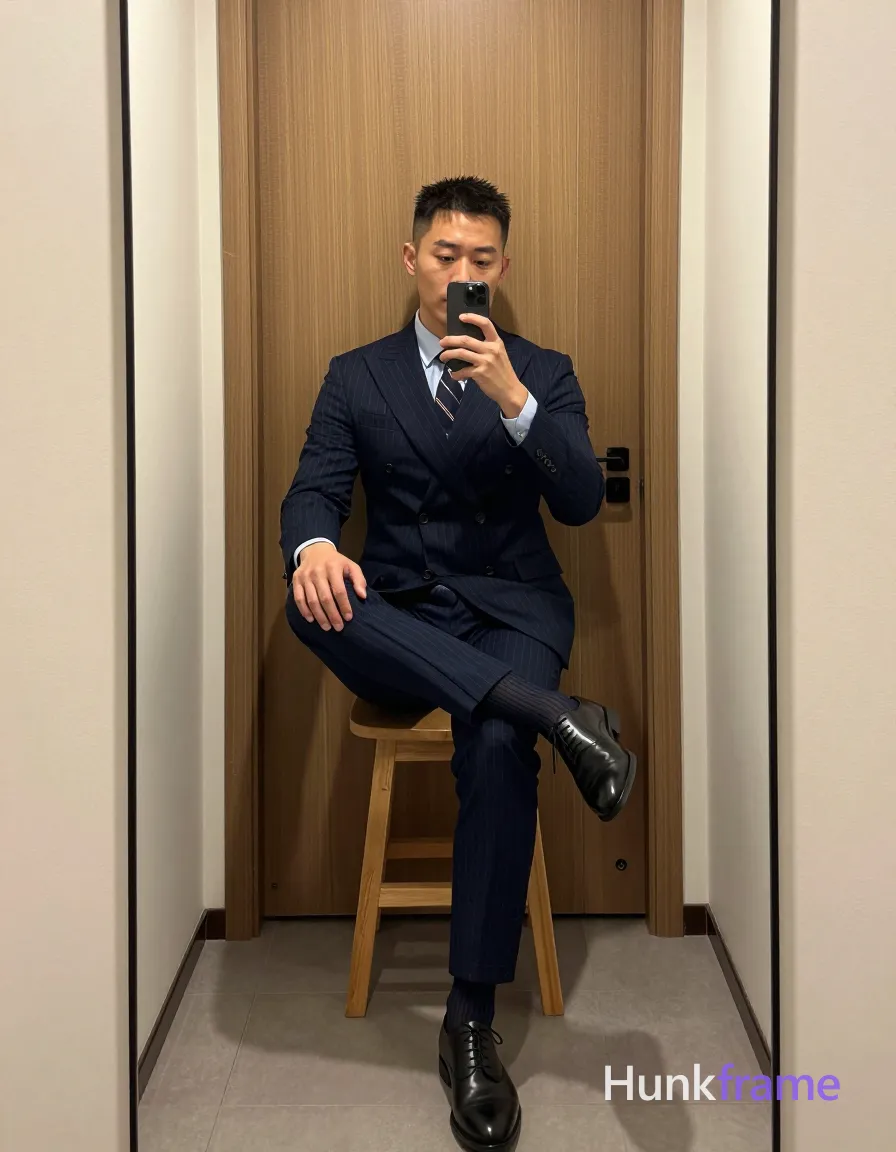 Asian man with light-medium skin and short textured dark crop hair, clean-shaven face taking a mirror selfie; He sits on a low wooden stool in a narrow hallway, right leg crossed over left knee up while holding a smartphone to review the shot; Wearing a navy pinstripe double-breasted suit jacket with peak lapels, slim-fit trousers, light blue collared shirt, dark striped tie, black leather lace-up oxford shoes, and navy wool socks; Full-body portrait centered in mirror reflection against a wooden door with vertical grain pattern framed by cream walls; Soft ambient indoor lighting highlights his defined athletic anatomy within the structured composition of this fine-art photography; single clean uninterrupted photograph with a cohesive editorial composition and plain continuous surrounding surfaces