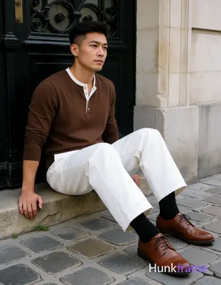 Asian man with short dark brown undercut hair and clean-shaven face, neutral con