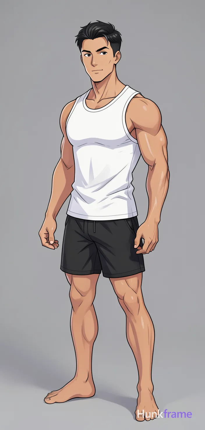 freshly generated candid Xiaohongshu lifestyle photo, brand new full-body composition with a different pose, camera angle and background, both hands relaxed, not a mirror selfie, not a copy of any reference image, white sleeveless tank top (fully covering torso), black athletic shorts ending mid-thigh, broad shoulders, defined pectorals, thick thighs, muscular calves, authentic social-feed lifestyle mood, reference lighting and color treatment: anime illustration style, soft studio lighting on plain gray background, clean lines and smooth shading with stylized muscular anatomy, same aesthetic theme and photo feel as the reference but a different man in a different pose with distinct body proportions, Thai man, smooth tan skin, gentle eyes, slim toned Muay Thai physique, standing three-quarter view arms relaxed, wider environmental framing, a single uninterrupted photograph only, no written words or typography anywhere in frame, no captions, no app UI, no social-media post layout, no screenshot borders
