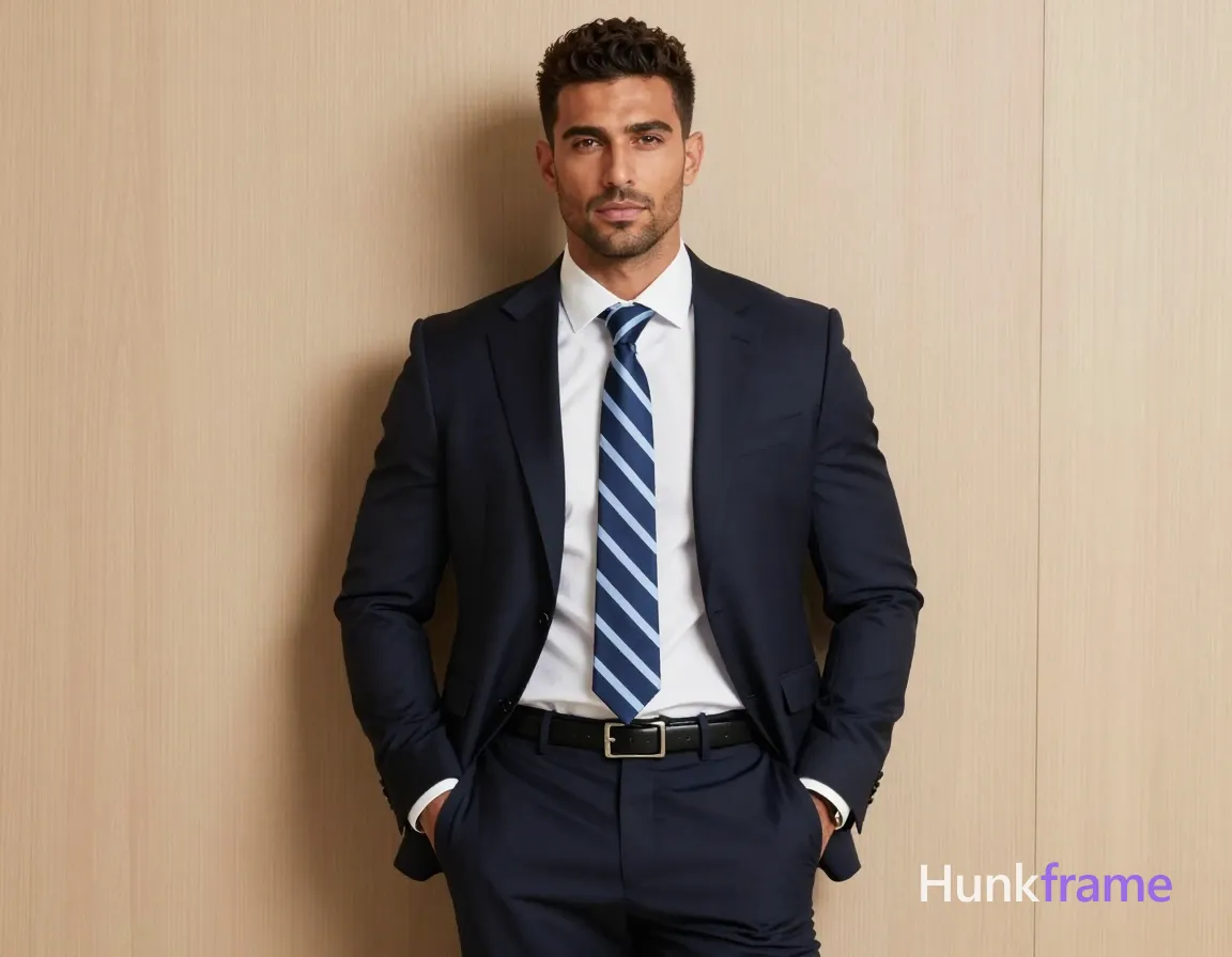 an anonymous figure man with fair to light tan skin and short textured dark brown hair styled upward, clean-shaven face, calm gaze slightly off-camera; Standing upright leaning against a light wood-paneled wall, hands in trouser pockets, shoulders relaxed squared to camera; Wearing a dark navy blue tailored suit jacket with notched lapels, white dress shirt fully buttoned under a blue and white diagonal striped silk tie knotted neatly at neck, matching dark navy trousers with visible belt loops and black leather belt featuring rectangular silver-toned buckle; High-resolution commercial portrait photography highlighting broad shoulders and meaty chest within the slim build aesthetic, rugged warm confidence conveyed through poised stance against minimalist background, same aesthetic theme and photo feel as the reference but a different man in a different pose with distinct body proportions, Middle Eastern man, tan skin, dark beard shadow, muscular but natural proportions; single clean uninterrupted photograph with a cohesive editorial composition and plain continuous surrounding surfaces