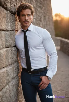 Handsome athletic man with curly brown hair, blue eyes, light skin, short beard 