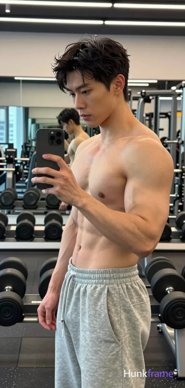 Photograph of exactly 1 adult man. Man 1: Asian, light to medium tan, oval with defined jawline, short, dark brown/black, slightly wavy texture, voluminous top, tapered sides and back, clean-shaven. Man 1 has fully exposed eyes, eyebrows, temples and nose bridge. Muscular Asian man with defined pectorals, thick thighs stands shirtless in gym. Holds black smartphone for mirror selfie while gazing seriously at the screen reflection. Light gray sweatpants with elastic waistband cover lower body leaving chest bare. Vertical portrait crop from mid-thigh to head showing profile facing left in frame. Modern fitness center interior featuring dumbbell racks, mirrored walls reflecting city view. Overhead artificial gym lights create even illumination with subtle shadows on sculpted muscles. High-resolution smartphone photography with naturalistic color grading typical of social media uploads