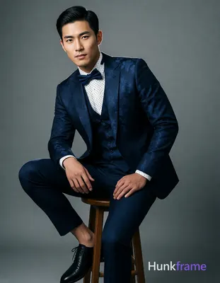 Asian man with short black side-parted slick-back hair and clean-shaven face, seated sideways on a w